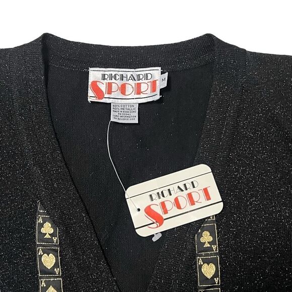 NWT Vintage Richard Sport Black & Gold Playing Card Sweater Vest Cardigan Sz M - Picture 3 of 7